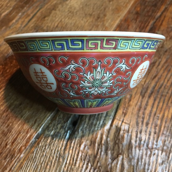 Chinese coral red mun shou longevity pattern rice bowl - Picture 3 of 8